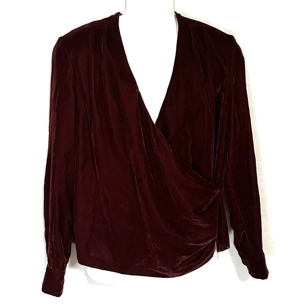 Lauren Ralph Lauren Shirt Blouse Womens Size 10 Red Plum Pleated Velvet Surplice